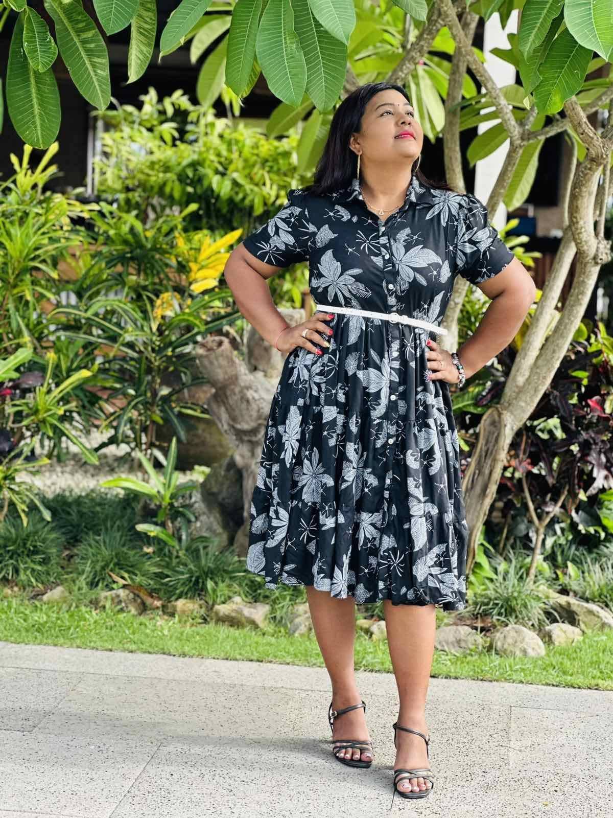 Western-style black floral shirt-dress produced in-house