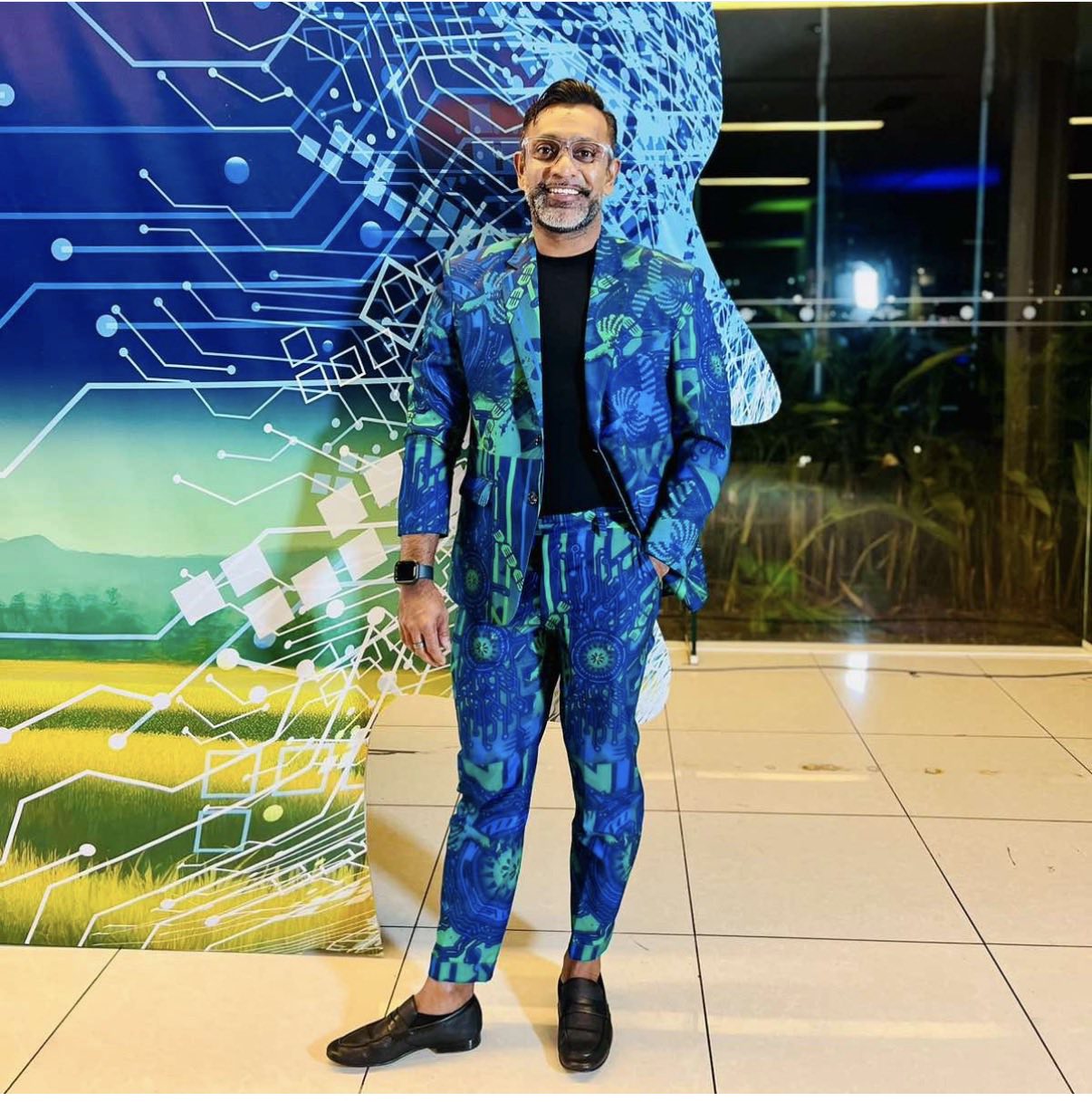 Bespoke two-piece suit in blue Pacific print, tailored by Eleganza